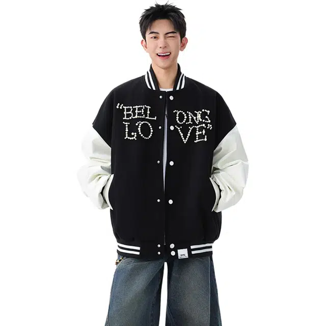 【dme】  潮流时尚设计款美式复古珍珠字母撞色拼接夹克外套男秋季宽松休闲情侣百搭中性棒球服 男女同款
