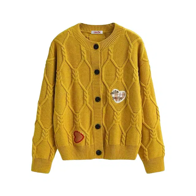 红蜻蜓 麻花开衫外套刺绣爱心圆领百搭毛衫针织衫 女款