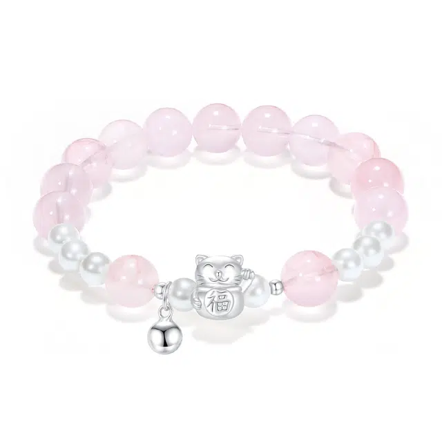 【普陀山官方已过香】 普陀山文创 正缘桃花碧波流光新中式复古显白高级感心有灵犀福猫聚财百搭纳福转运#好运 粉水晶 手串 男女同款情侣款