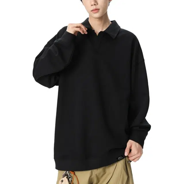 【纯色肌理感提花设计】赫赫良衣 美式复古痞帅高街风翻领长袖上衣时尚简约无性别主义保暖休闲宽松百搭小众高级感学院风潮牌卫衣 男女同款
