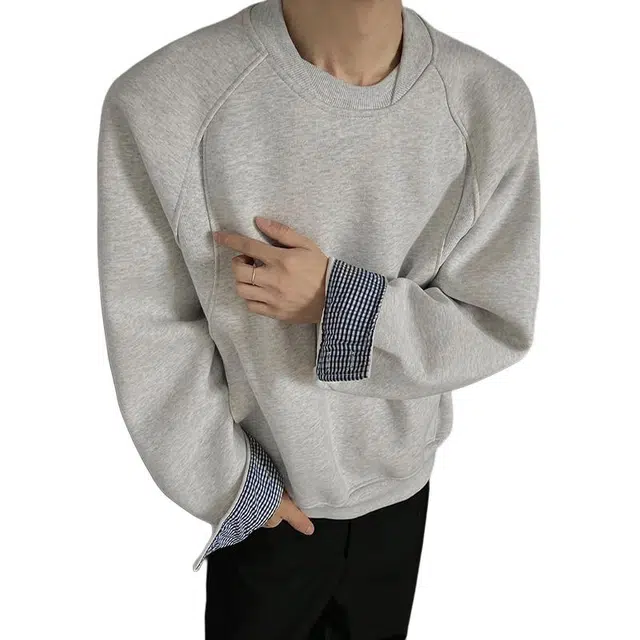 佐菲利 美式解构格子拼接圆领宽松假两件潮牌痞帅重磅外套卫衣 男女同款