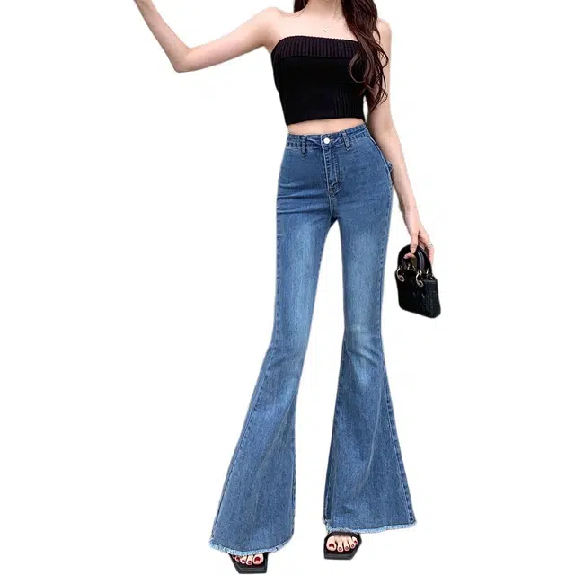 黛尔佳人 立体蝴蝶结微喇女秋季高腰显瘦弹力毛边提臀喇叭裤牛仔裤 女款