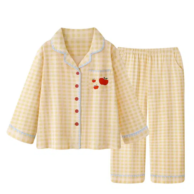 俏韵 翻领卡通苹果春秋季纯棉长袖长裤甜美印花可爱舒适薄款家居服可外穿睡衣套装 女款