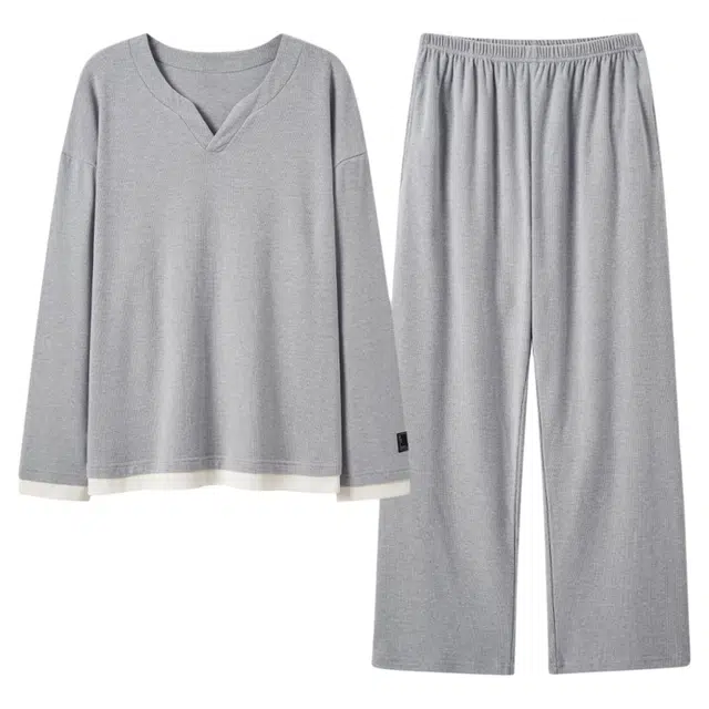 潞优野 简约舒适假两件柔软厚棉长袖可外穿休闲家居服睡衣套装 男女同款