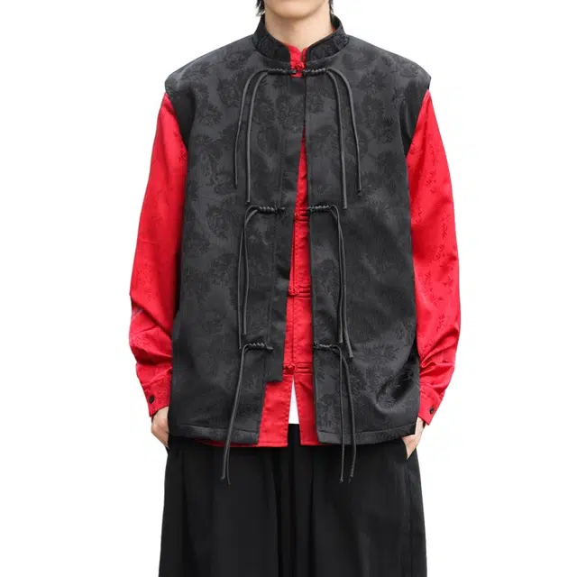 加荣 新中式立领马甲男秋季流苏盘扣拼接马夹男款时尚百搭提花无袖外衣宽松休闲男装高潮流高贵背心坎肩显气质纯色外套 男女同款