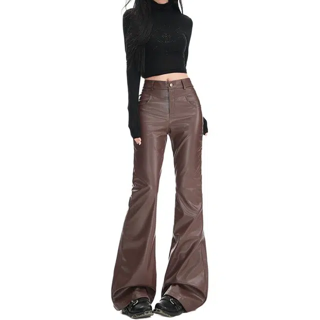 如续 微喇叭女秋季高腰显瘦美式辣妹高个子直筒拖地裤皮裤 女款