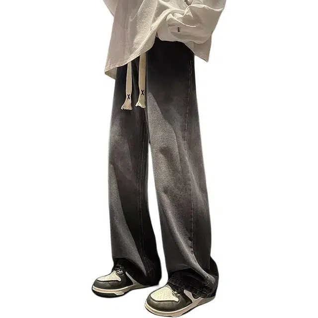 太子龍 美式高街风简约四季款宽松微辣直筒拖地裤松紧腰适中渐变牛仔裤 男女同款