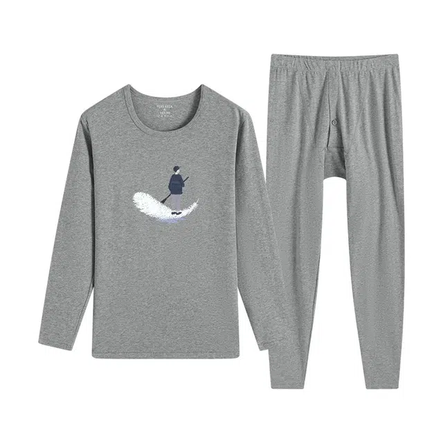 贴身领域 秋冬印花秋衣秋裤青少年纯棉全棉毛衫初中高中学生内衣保暖套装 男款