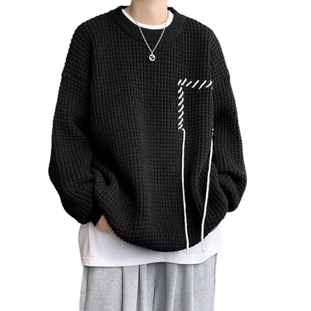 冈哉 纯色简约撞色手缝线拼接华格夫纹理圆领设计美式潮流宽松慵懒风高级感套头外套针织衫 男女同款