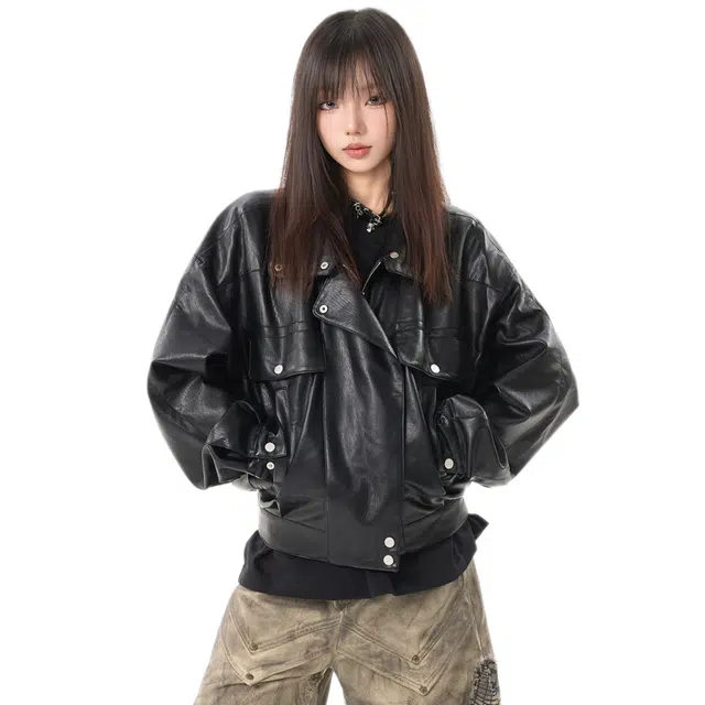 吾皇猫 高端品质原创复古高级感流行气质美式痞帅机车服油蜡感美拉德皮夹克外套通勤休闲宽松春秋季时尚简约百搭纯色短款皮衣 男女同款