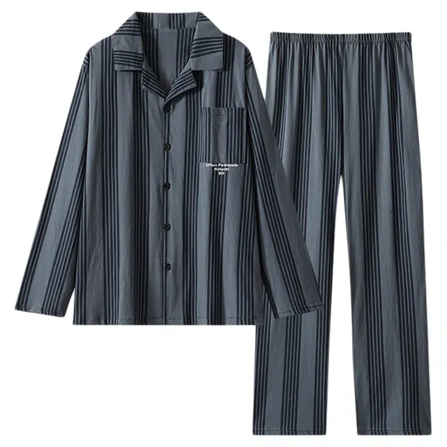 轻迎 春秋纯棉长袖长裤条纹时尚简约休闲外穿睡衣套装 男款