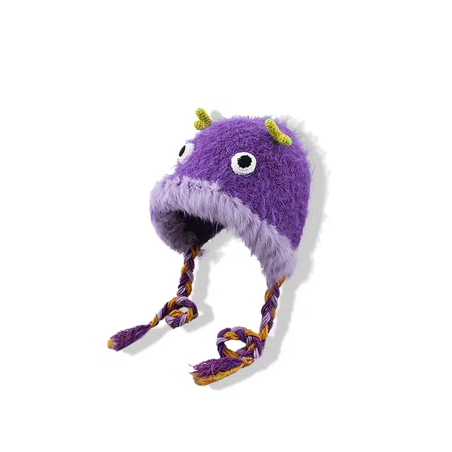 【可爱呆萌小怪兽】 攸委 毛绒卡通帽子女秋冬季保暖手工毛线绒线帽通勤百搭时尚#好运 兔毛 护耳雷锋帽绑带针织帽潮 男女同款情侣款