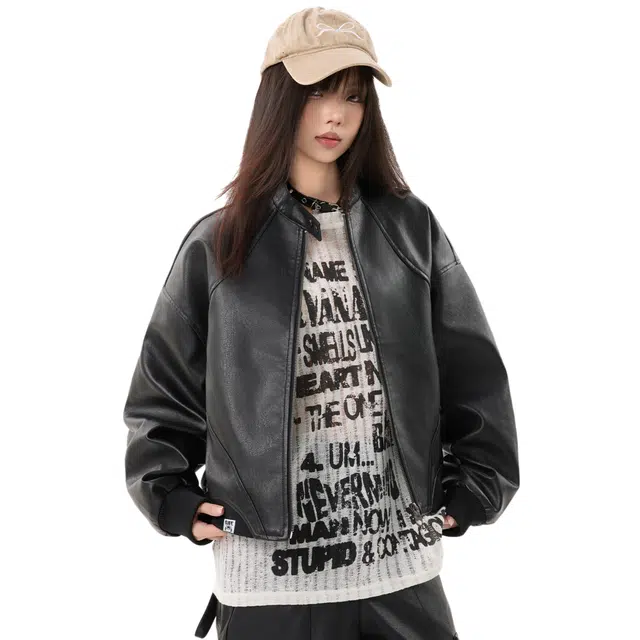 吾皇猫 原创高级感气质流行时尚高端品质机车服油蜡感美拉德外套宽松休闲美式复古高街简约百搭春秋季通勤基础款纯色短款皮衣 男女同款