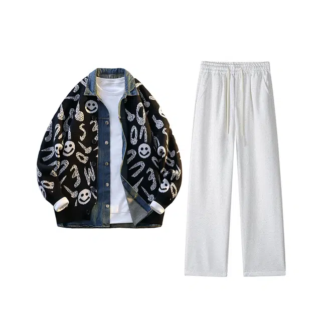 素杭 美式复古牛仔拼接针织开衫潮牌宽松毛衣外套搭配松紧腰直筒阔腿裤两件套潮流穿搭一整套休闲运动套装 男女同款