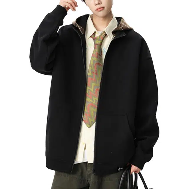 【连帽格子拉链开衫】赫赫良衣 美式复古痞帅高街风纯色基础款上衣时尚简约宽松百搭无性别主义休闲百搭小众高级感学院风卫衣外套 男女同款