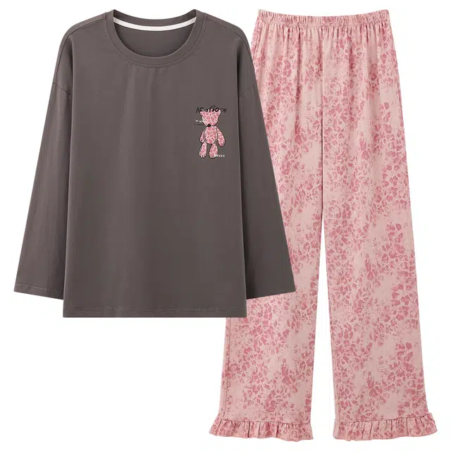 俏佳人 纯棉套头圆领休闲宽松家居服纯色亲肤柔软舒适透气长袖长裤睡衣套装 女款