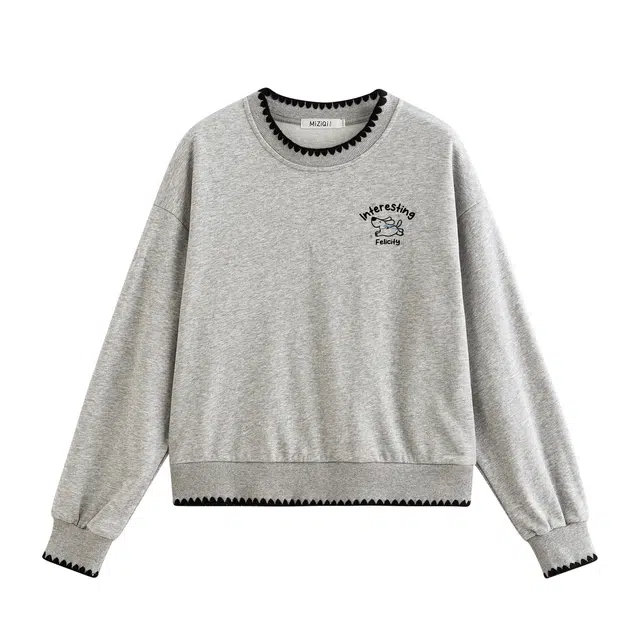 米子旗 印花设计感小个子韩版短款无帽长袖通勤套头卫衣 女款