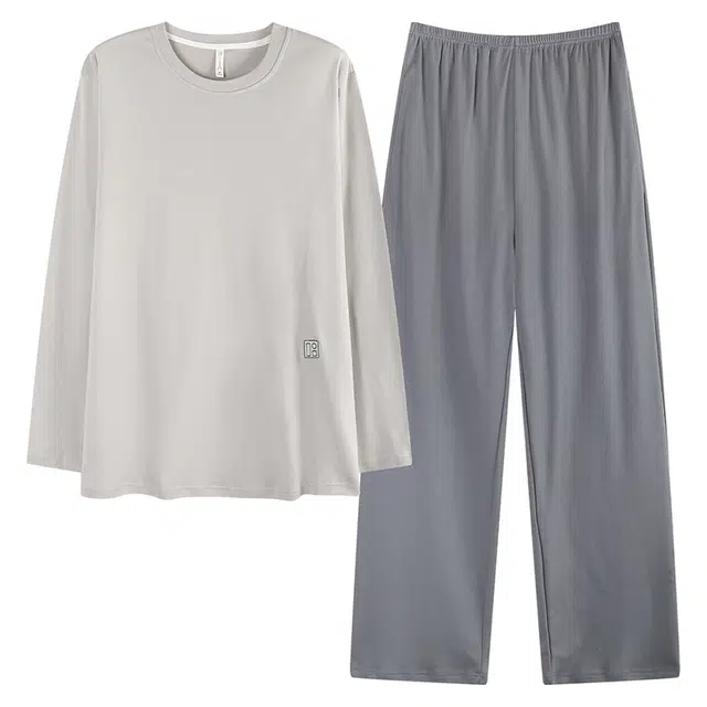 俏霓桐 简约百搭纯棉亲肤舒适圆领休闲清新长袖长裤家居服可外穿睡衣套装 男款