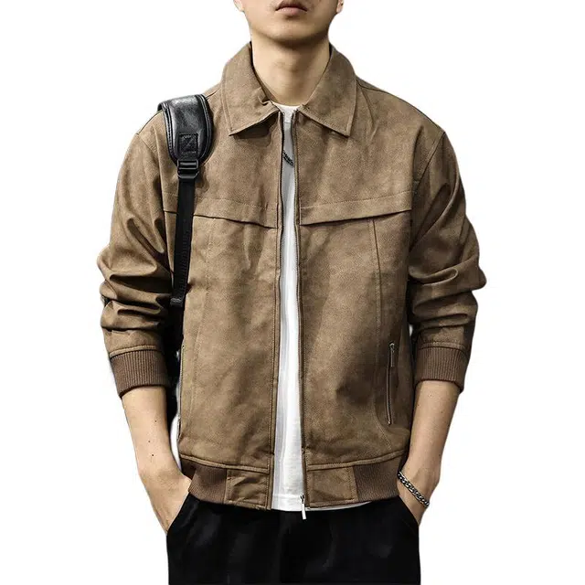 前进牛 美式休闲复古潮牌百搭宽松工装皮衣 男款