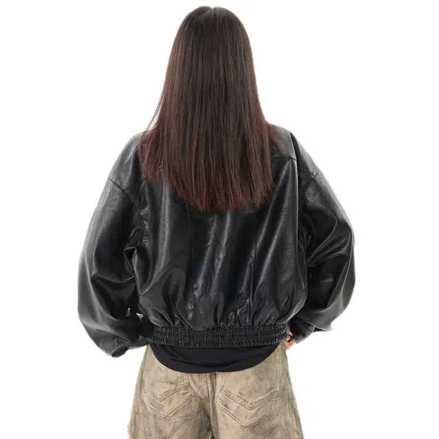 吾皇猫 高端品质原创复古高级感流行气质美式痞帅机车服油蜡感美拉德皮夹克外套通勤休闲宽松春秋季时尚简约百搭纯色短款皮衣 男女同款