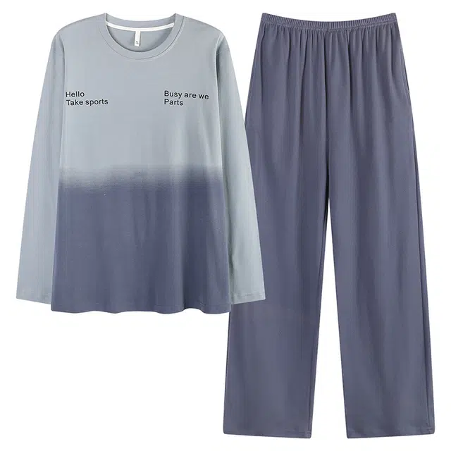 俏霓桐 时尚渐变色纯棉亲肤舒适简约字母休闲圆领长袖长裤家居服可外穿睡衣套装 男款