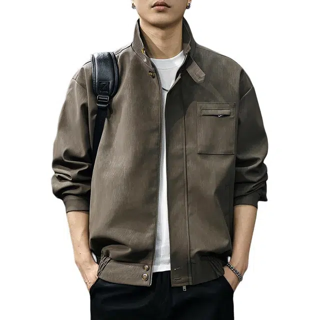 前进牛 美式休闲经典复古潮牌酷飒风立领秋季潮流轻奢酷感宽松休闲高级感防风机车工装外套皮衣 男款