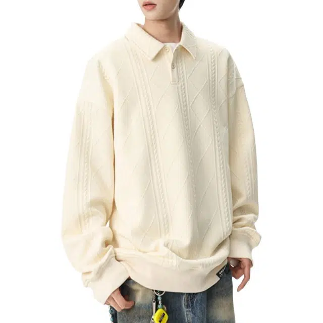 【纯色菱形提花翻领】赫赫良衣 美式复古痞帅高街长袖上衣时尚简约无性别主义垂感保暖休闲宽松百搭小众高级感学院风韩系潮牌卫衣 男女同款
