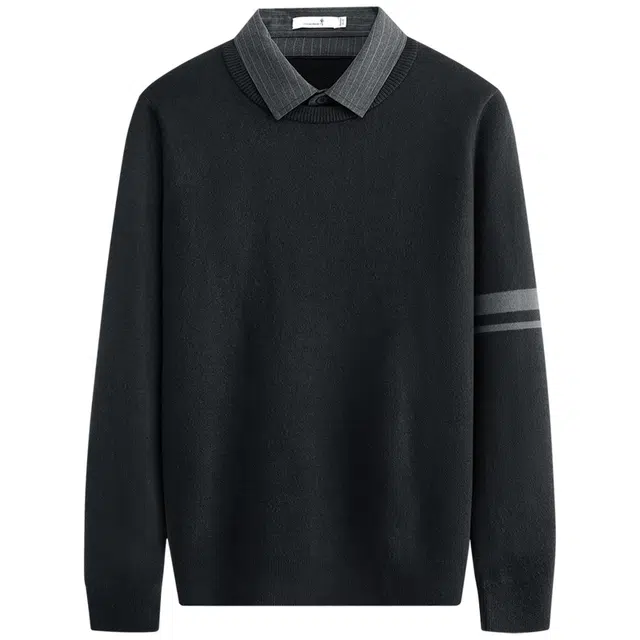 与狼共舞 经典百搭款日系潮流袖臂印花设计时尚通勤抗菌保暖羊毛衫休闲假两件翻领毛衣 男款