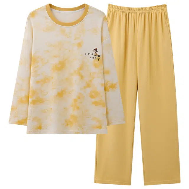 俏佳人 纯棉套头圆领休闲宽松家居服纯色卡通小狗亲肤柔软舒适透气长袖长裤睡衣套装 女款