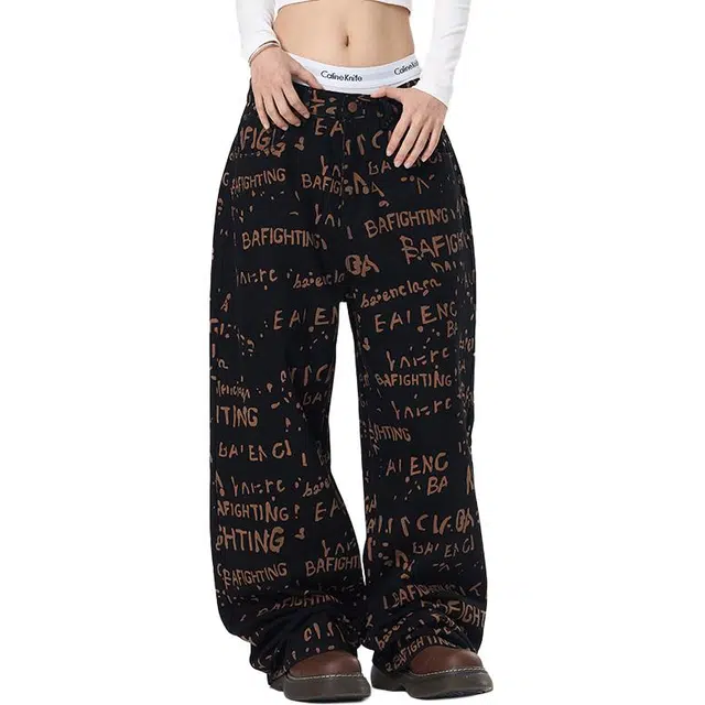 帝狼牛 美式街头涂鸦字母印花直筒拖地宽松阔腿裤休闲长裤牛仔裤 男女同款