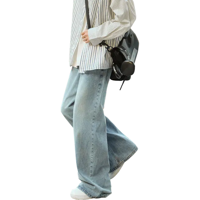 港仔文艺男 水洗做旧美式复古基础款垂感直筒阔腿休闲长裤百搭宽松简约潮流牛仔裤  男女同款
