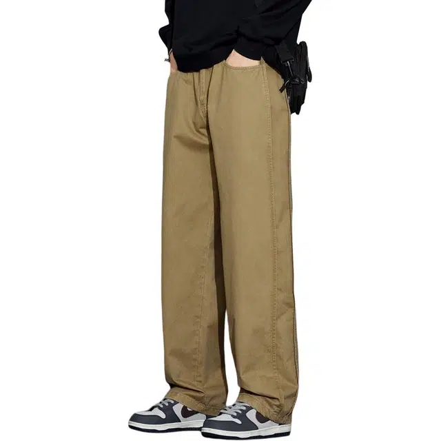 协协乐 纯棉高街风工装裤拼接设计氛围感春秋季纯色美式潮牌宽松直筒阔腿拖地裤百搭青少年运动长裤休闲裤 男款