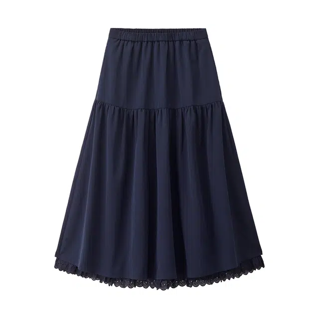 佐丹奴 拼接蕾丝花边下摆松紧腰梭织半身裙休闲长裙 女款