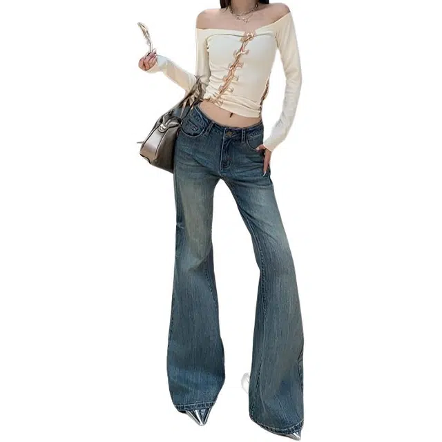 如续 复古蓝微喇百搭长裤秋季美式不贴腿弹力辣妹直筒喇叭牛仔裤 女款