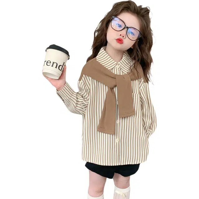 花乐集休闲衬衫 女童春秋假两件披肩翻领长袖女宝宝时髦洋气韩版宽松潮外套 中小童