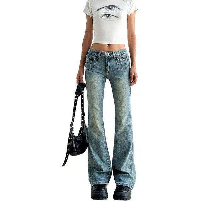 如续 美式复古口袋设计微喇叭低腰做旧辣妹风长裤百搭弹力休闲拖地牛仔裤 女款