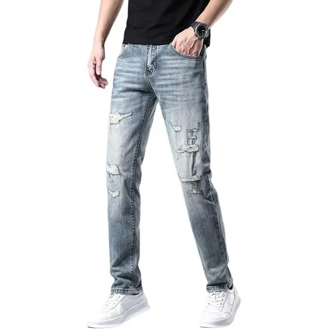 吉肯蒂 男潮牌修身小直筒补丁破洞长裤蓝水洗乞丐裤子牛仔裤 男款