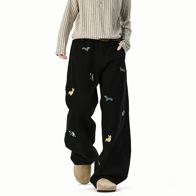 海尔斯 水洗刺绣时尚简约百搭宽松直筒牛仔裤 男女同款