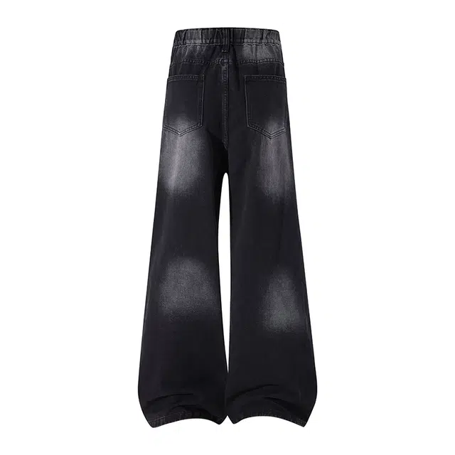 邦固依品 高复古水洗做旧宽松阔腿前贴袋设计潮流百搭时尚美式潮牌高街休闲直筒牛仔裤 男女同款