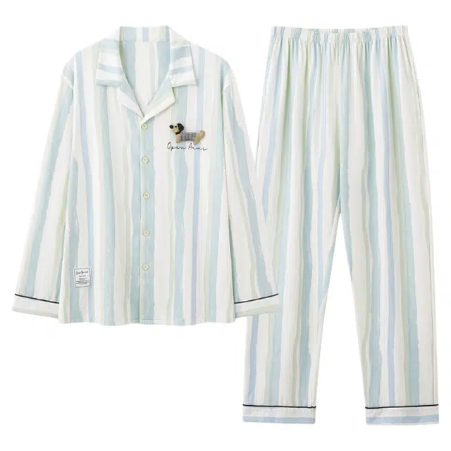 潞优野 舒适纯棉长袖油画条纹可爱小狗可外穿家居服春秋款集合睡衣套装 男款