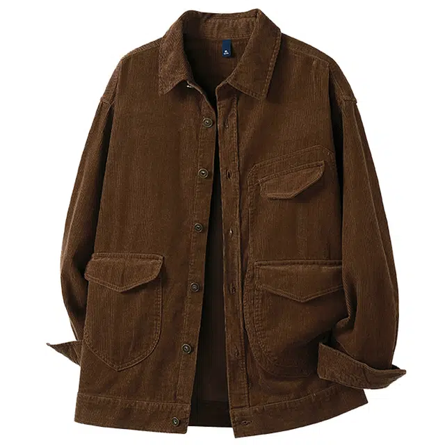 米素力 灯芯绒复古外套纯色落肩袖宽松型休闲风夹克 男女同款