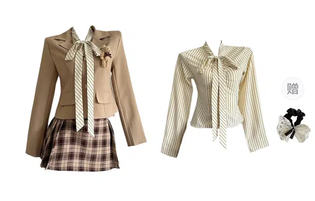 涂诗菲 格子修身适中高腰条纹长袖裙装套装 女款
