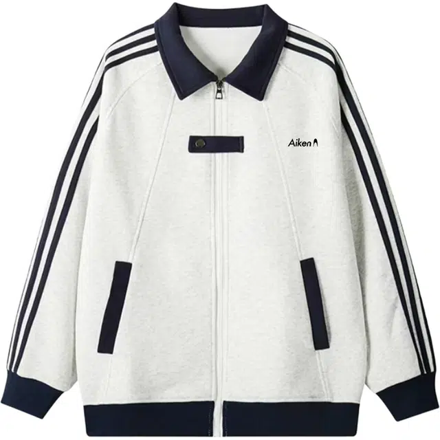 爱肯 美式复古高街拼接侧边两条杠条纹撞色翻领学院风潮牌插肩开衫拉链设计痞帅街头时尚舒适保暖休闲长袖通勤百搭学院风卫衣 男女同款