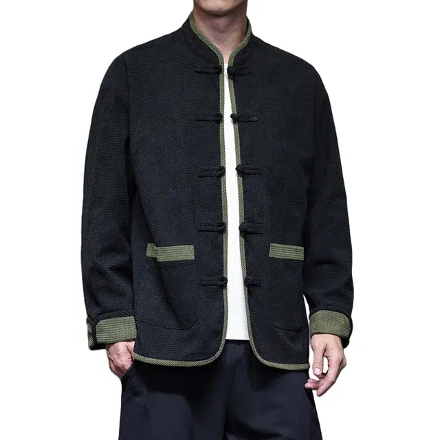 加荣 新中式唐装男装中国风长袖衬衫男士撞色盘扣衬衣男秋季百搭休闲中山装夹克男款灯芯绒拼接上衣男生高级复古居士服男外套 男女同款