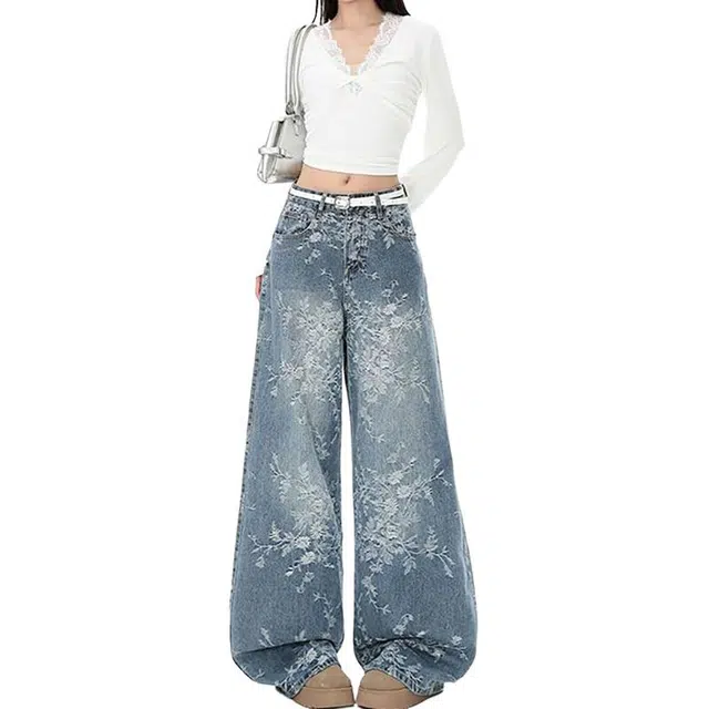 如续 潮流提花刺绣小众设计感秋季高腰宽松阔腿裤复古直筒长裤垂感拖地牛仔裤 女款