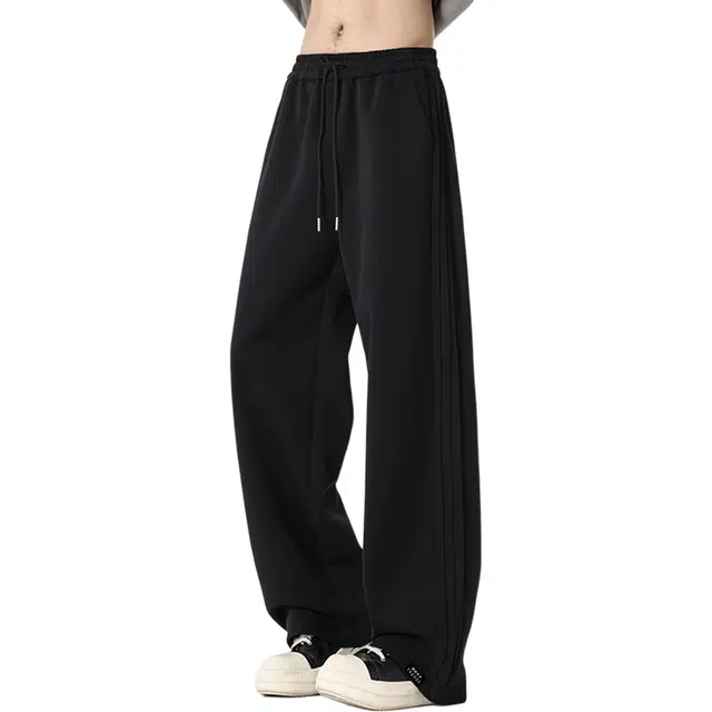 【纯色侧边褶皱拼接条纹】赫赫良衣 美式复古痞帅高街少年感宽松基础款系带长裤子舒适百搭显高显瘦显腿长高级感学院风潮牌休闲裤 男女同款