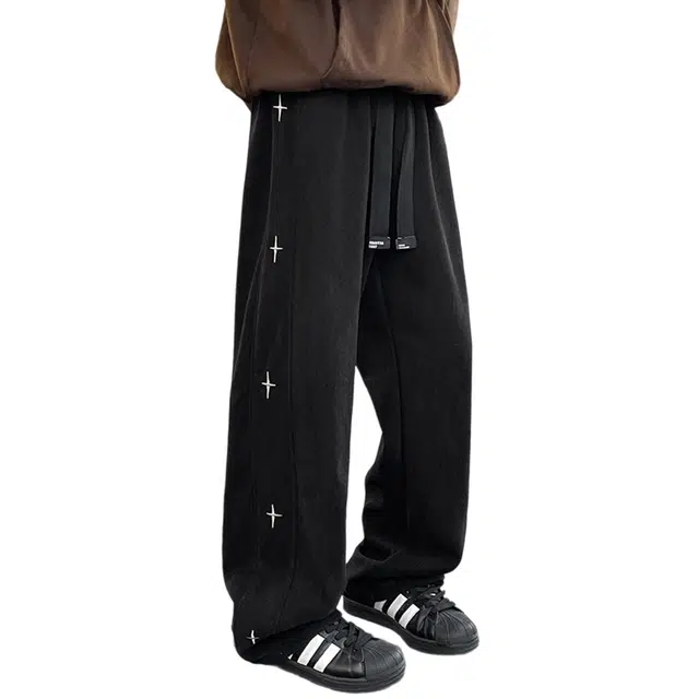 冈哉 星星刺绣条纹拼接纯色简约设计美式复古高街痞帅直筒舒适百搭时尚垂感休闲裤 男女同款