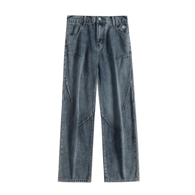 虫小绿 美式潮牌宽松个性褶皱解构设计垂感复古水洗做旧中腰直筒裤高街休闲百搭长裤牛仔裤 男女同款