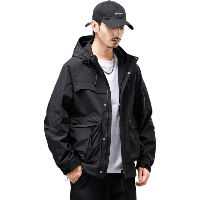 协协乐 山系户外美式复古工装连帽防风防水三防面料春秋季冲锋外套冬季男装休闲上衣潮牌小众设计款夹克 男款