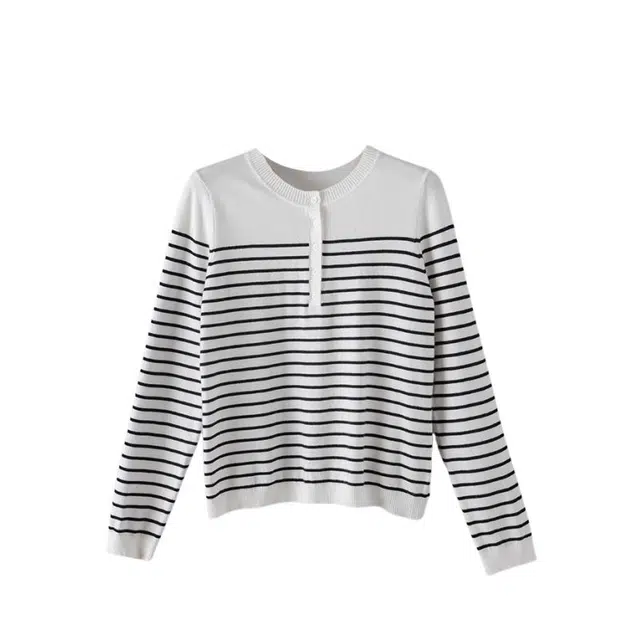 晚白  高级感简约宽松绵羊毛条纹内搭针织衫 女款